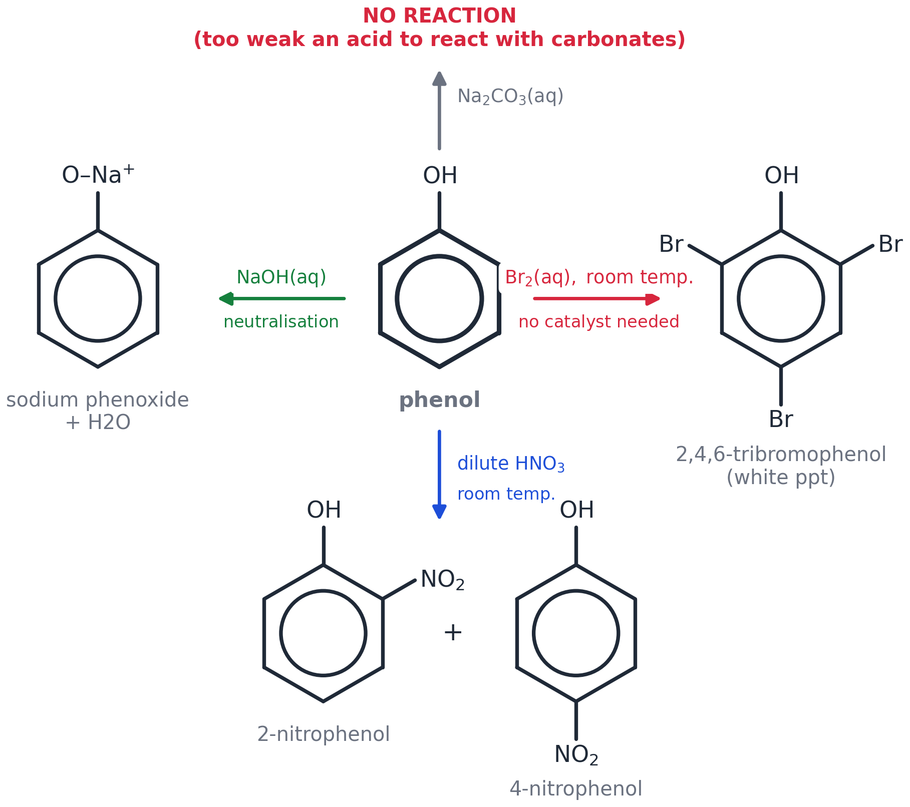 Phenol reaction map: NaOH, bromine water, dilute nitric acid